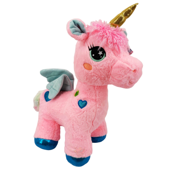 Pinkes Einhorn Plüschtier ca. 55 cm mit goldenem Horn, Flügeln, Herz-Details und glitzernden Hufen in Pailletten-Optik.